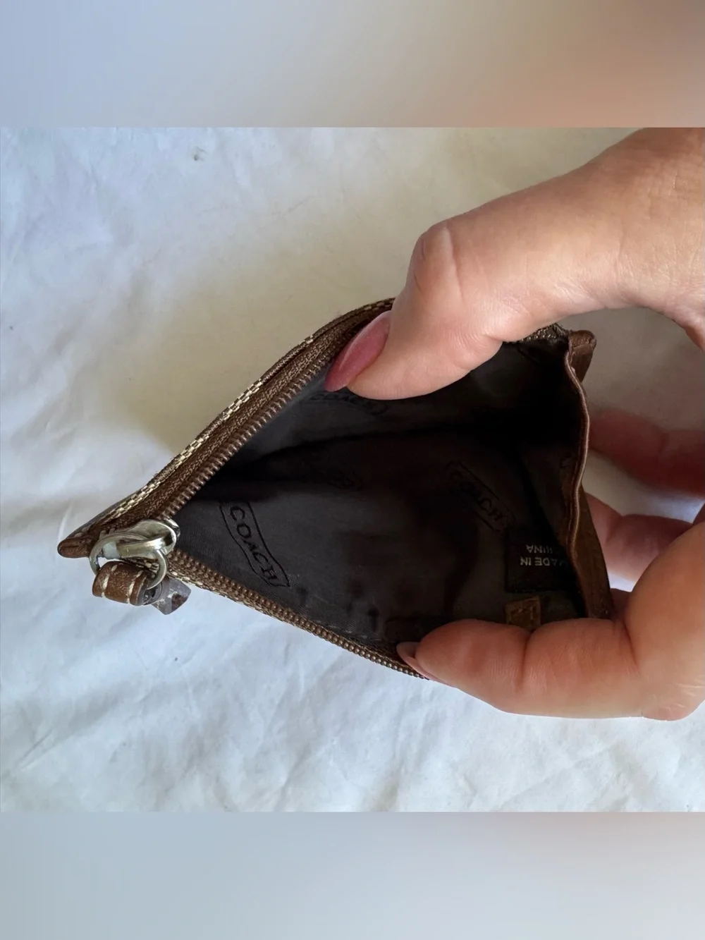 Vintage Coach Signature C Khaki Tan Zip Coin Purse Key Chain 4.5